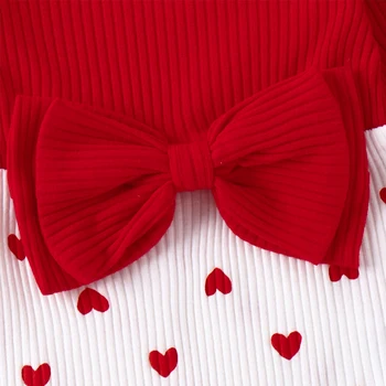 Детские комбинезоны для девочек, одежда на День Святого Валентина, детские комбинезоны из ребристого трикотажа с принтом в виде сердца, с длинным рукавом, повязка на голову