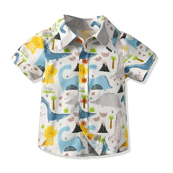 Рубашка с короткими рукавами для мальчиков, летняя детская одежда из корейского хлопка для мальчиков, рубашка с короткими рукавами с мультяшным принтом для мальчиков