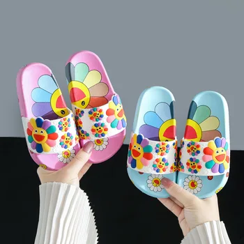 Летние детские тапочки с цветочным рисунком, нескользящие, дышащие, с милыми мультяшными мальчиками и девочками, Удобные мягкие домашние тапочки, обувь для детей