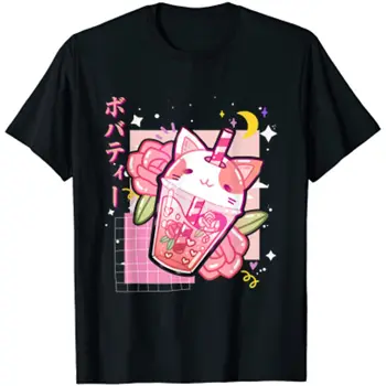 Boba Tea Cat Bubble Tea Каваи аниме Мужская одежда Японские мужчины Женщины девочки Подростковая футболка Four Seasons Тройники