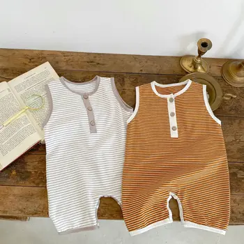 2023 Летняя одежда для новорожденных, комбинезон без рукавов для маленьких мальчиков, полосатый цельный хлопковый комбинезон для малышей, одежда для маленьких мальчиков от 0 до 2 лет