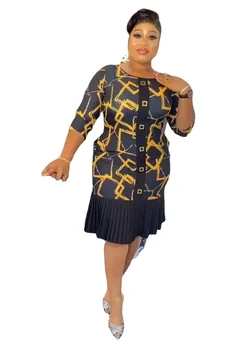 Африканские платья для женщин 2024, Весна-осень, 3/4 рукава, полиэстер, O-образный вырез, принт, складки, Вечернее платье, Дашики, Африканская одежда