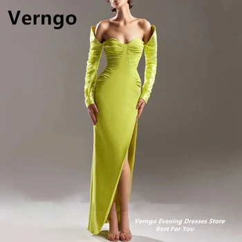 Зеленое яркое атласное вечернее платье Verngo с длинными рукавами в виде сердца, вечерние платья с сексуальным разрезом сбоку, платья для выпускного вечера в стиле русалки