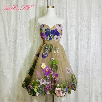 AnXin SH принцесса фиолетовая Маргаритка цветок темное шампанское кружевное вечернее платье винтажное маленькое белое платье без бретелек с зелеными листьями розы