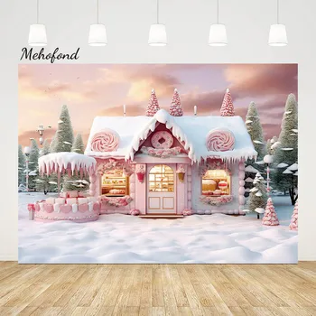 Mehofond Рождественский Розовый фон для фотосъемки в домике со сладкими пончиками, реквизит для фотосессии для детей, реквизит для фотосессии в снежном доме, фон для двери в студию
