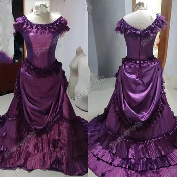 Винтажное Викторианское вечернее платье для женщин С круглым вырезом, Длинное атласное платье для особых случаев, с рюшами на спине, готический наряд для выпускного вечера.