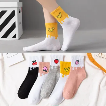 5 Пар женских носков, милые дышащие кальцетины с принтом средней трубки, Harajuku, Корейский стиль, для девочек, Каваи, повседневные спортивные забавные носки