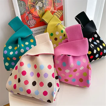 Милые сумки-шопперы с круглыми точками, мини-сумка-тоут для девочек, модная сумка на запястье с вязаным узлом, повседневная сумка-тоут для студенток, модная сумочка