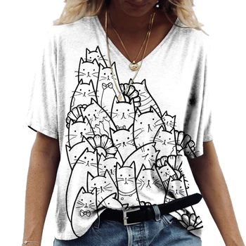 Женская футболка с V-образным вырезом и принтом кота, высококачественный женский топ на каждый день, повседневная одежда, Забавная спортивная футболка оверсайз с коротким рукавом