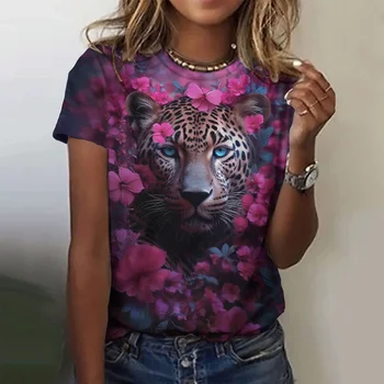 Винтажные женские футболки с животным принтом, летний модный топ с коротким рукавом, женская одежда большого размера с тигровым принтом, Женские футболки с цветочным принтом