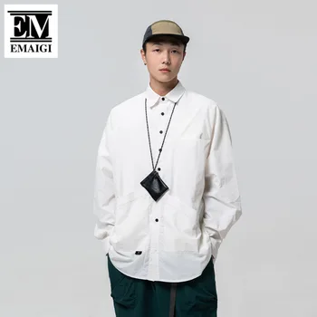 Осенние рубашки с неправильными карманами, мужская уличная одежда в японском корейском стиле, свободная повседневная винтажная уличная рубашка-карго с длинным рукавом, мужская