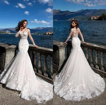 Потрясающее свадебное платье русалки с прозрачными длинными рукавами и кружевной отделкой, иллюзионное свадебное платье без спинки с элегантным шлейфом