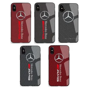Красный Черный Чехол для телефона Mercedes Benz из Углеродного Волокна Для iPhone 15 Pro, Заднее Стекло Для iPhone 14 11 12 13 Max Mini 15 Plus, Крышка