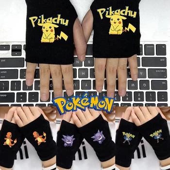 Зимние Вязаные перчатки без пальцев Pokemon Pikachu, теплые осенние шерстяные перчатки для вязания, гибкие перчатки для рук, женские Мужские Офисные перчатки для верховой езды