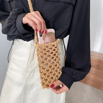 Женская модная маленькая сумка для телефона через плечо, однотонная, с вырезами, вязаная крючком, легкая плетеная сумочка через плечо, сумки через плечо