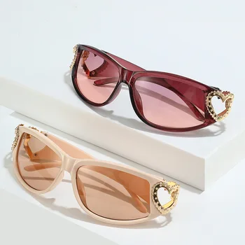 Солнцезащитные очки с двойным сердцем для женщин, Винтажные Солнцезащитные очки Y2K, роскошный бренд, дизайнер Ins, модные фиолетово-розовые очки
