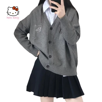 Мультфильм Sanrio Kuromi Пальто Ms Свитер Кардиган в стиле колледжа, милая рубашка с V-образным вырезом, Вязаные свитера с длинным рукавом, Женские модные топы