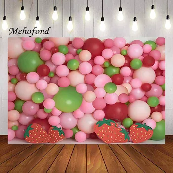 Фон для фотосъемки Mehofond, Воздушные шары со сладкой клубникой, Портретные украшения для вечеринки в честь 1-го Дня рождения девочек, Фон для фотостудии