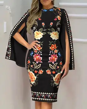 2023 Летнее Сексуальное женское платье с V-образным вырезом и цветочным принтом, облегающее платье миди-карандаш с длинными рукавами, Vestidos Mujer