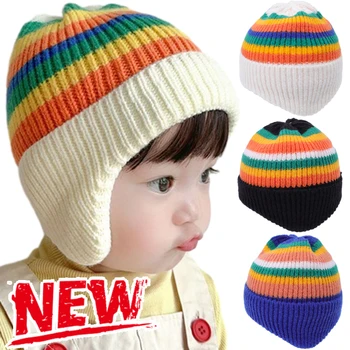 Зимняя детская вязаная шапочка в Корейскую полоску, Радужная шапочка-бини для маленьких мальчиков и девочек, красочные Детские теплые шапочки для защиты ушей, капор