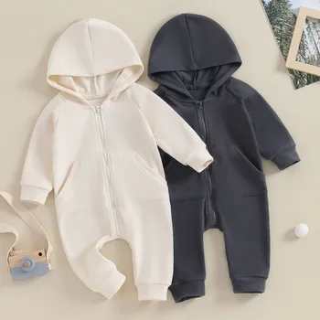 Комбинезон с капюшоном для новорожденных мальчиков и девочек, Весенне-осенняя одежда, однотонный комбинезон на молнии с длинным рукавом для детей, детская одежда