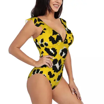 Женский Желтый цельный купальник с леопардовым принтом, Сексуальный купальник с рюшами, Летняя Пляжная одежда, купальник для похудения