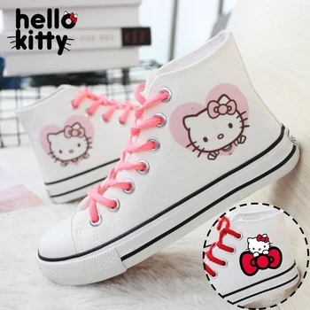 Парусиновая обувь Hello Kitty, модные женские тонкие туфли с высоким берцем, повседневная нескользящая обувь для аниме-девочек, вулканизированная обувь, кроссовки, подарки