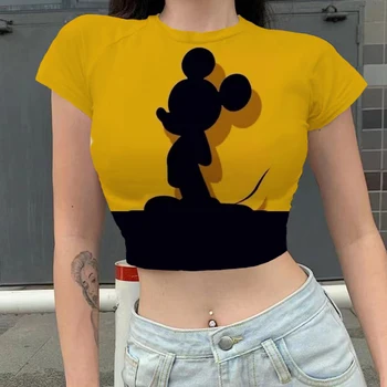 Новая женская футболка Disney Kawaii с Микки и Минни Маус, футболка с мультяшным графическим принтом, повседневная женская рубашка, забавный тонкий короткий укороченный топ