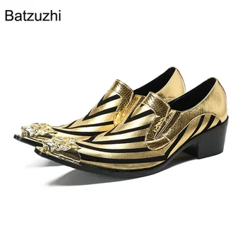 Batzuzhi/ Обувь в западном стиле; Мужские Кожаные Модельные туфли с Золотым Львом и Железным носком; Мужские Туфли на высоком каблуке 6 см; Золотые Вечерние и Свадебные Туфли; Мужские, 38-46