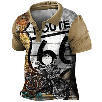 Винтажная рубашка поло для мужчин Рубашки с мотоциклетным принтом Route 66 Летние мужские футболки, топы на каждый день, мужская повседневная одежда оверсайз