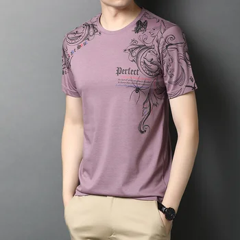 Мужская рубашка с цветочным принтом, высококачественные Летние футболки из мерсеризованного хлопка, мужские футболки с круглым вырезом и короткими рукавами