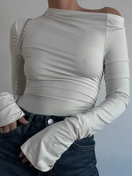Женский топ с открытыми плечами, y2k, футболка с асимметричным вырезом и длинным рукавом, приталенная футболка, одежда 2000-х