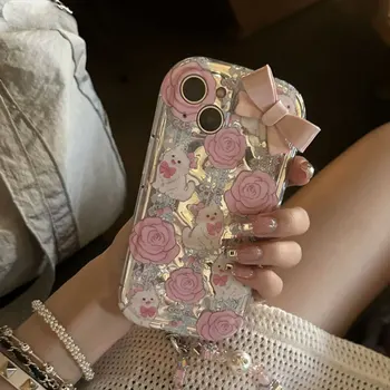 Задняя крышка телефона с милым розовым бантом в виде кошки Подходит для iPhone 14 ProMax 13 12 11 Прозрачный мягкий чехол с подвесными деталями