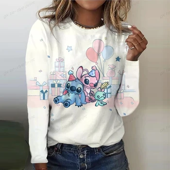 Женская футболка с круглым вырезом, новинка весны, топы с рисунком Disney Stitch, повседневный модный пуловер, футболка с длинным рукавом, женская одежда большого размера