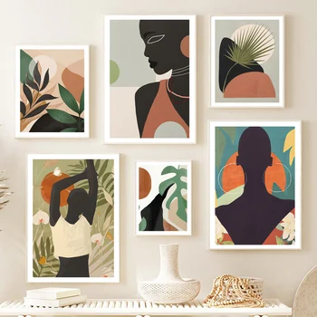 Африканская женщина, Солнце, листья, Цветок, Богемия, настенное искусство, холст, живопись, плакаты на скандинавскую тему и принты, настенные картины для декора гостиной