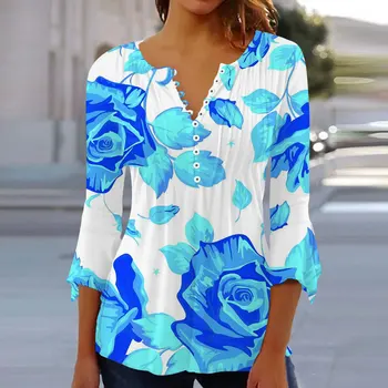 Модная Женская футболка на пуговицах С V-образным вырезом, Свободная Удобная одежда, Летняя рубашка С 3D принтом, Топ с рукавом Семь четвертей