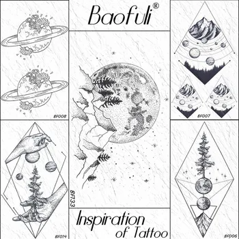 Наклейка с временной татуировкой BAOFULI Planet Moon Forest Mountain, Боди-арт, Искусственная татуировка на руке, Звезда, Горное Дерево, Черные Татуировки, Водонепроницаемые