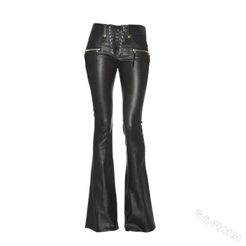 Повседневная уличная одежда, женские панк-готические черные брюки из искусственной кожи, бандаж с высокой талией, узкие брюки-клеш, женская одежда S-5XL