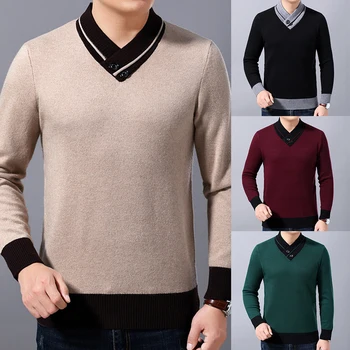 Мужской свитер с V-образным вырезом, вязаный топ, теплый повседневный зимний свитер, пуловер, однотонная мужская одежда с небольшой растяжкой