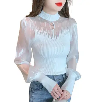 Корейские модные тонкие однотонные футболки, пуловеры с круглым вырезом в стиле пэчворк, с длинным рукавом, женская одежда с сексуальным темпераментом.