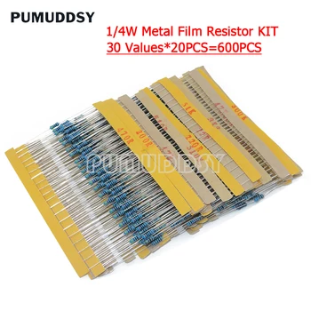 600ШТ 1/4 Вт 1% 30 Значений * 20ШТ Металлический пленочный резистор В ассортименте Комплект электронных резисторов Diy Kit