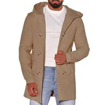 Мужское осенне-зимнее пальто с капюшоном и карманами, двубортный однотонный свободный кардиган средней длины с длинным рукавом, мужское пальто, длинная куртка