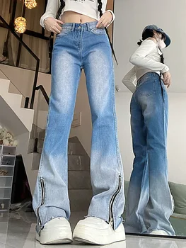 Женские эластичные расклешенные джинсы с высокой талией, уличная одежда, винтажные расклешенные джинсовые брюки градиентного синего цвета 90-х, женские панковские брюки на молнии Y2K