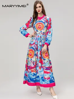 MARYYIMEI/ Осенне-зимнее модное женское платье с длинными рукавами и винтажным принтом, расшитое бисером и пайетками, тонкие элегантные платья