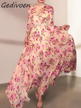 Gedivoen Летнее Модное Дизайнерское винтажное платье с цветочным принтом, Женское платье с круглым вырезом и длинным рукавом, с присборенной талией, Тонкое Длинное платье