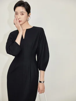 Модное весеннее платье 2023 года, новый стиль, тонкая талия, черное платье Хепберн, женственность, V-образный вырез, Маленькое черное платье