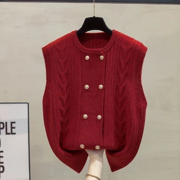 Красный 2023 Корейский осенний вязаный свитер без рукавов с V-образным вырезом, жилет, свободный Короткий жилет, Женская верхняя одежда, пальто из ткани для женщин и девочек
