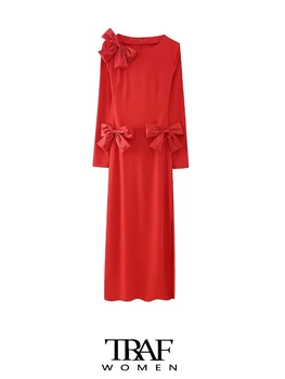 TRAF-Женское платье Миди с длинным рукавом и открытой спиной с аппликацией в виде банта, Сексуальные женские платья, мода