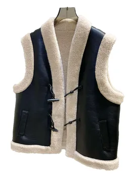 V-образный жилет, куртка с V-образным воротником, короткая свободная версия, подкладка из овечьей шерсти, теплый и удобный дизайн 2023, новинка зимы 1114