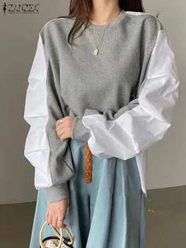 Модные толстовки ZANZEA 2023 Женские Цветные лоскутные осенние пуловеры с круглым вырезом и длинным рукавом, Повседневная свободная блузка, вязаный топ в Корейском стиле
